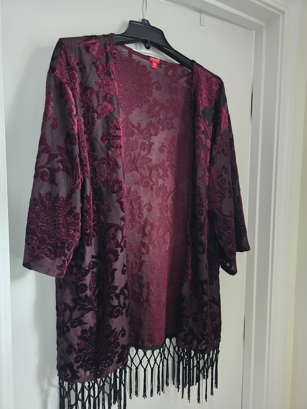 Guess Burgundy Velvet Burnout Kimono with Fringe